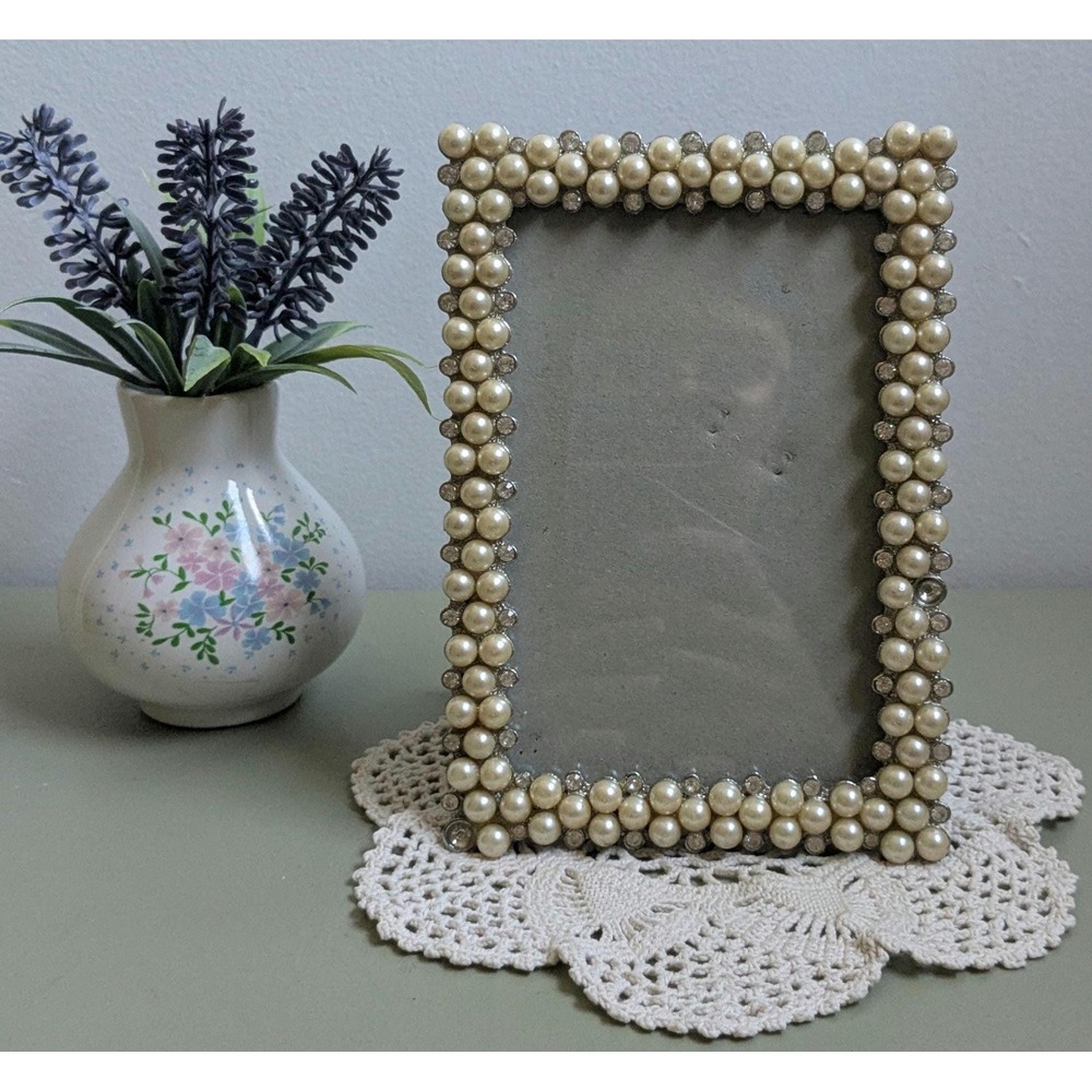 Pearl Rhinestone Photo Frame Silver Tone Glam Coquette Wedding Tabletop Decor